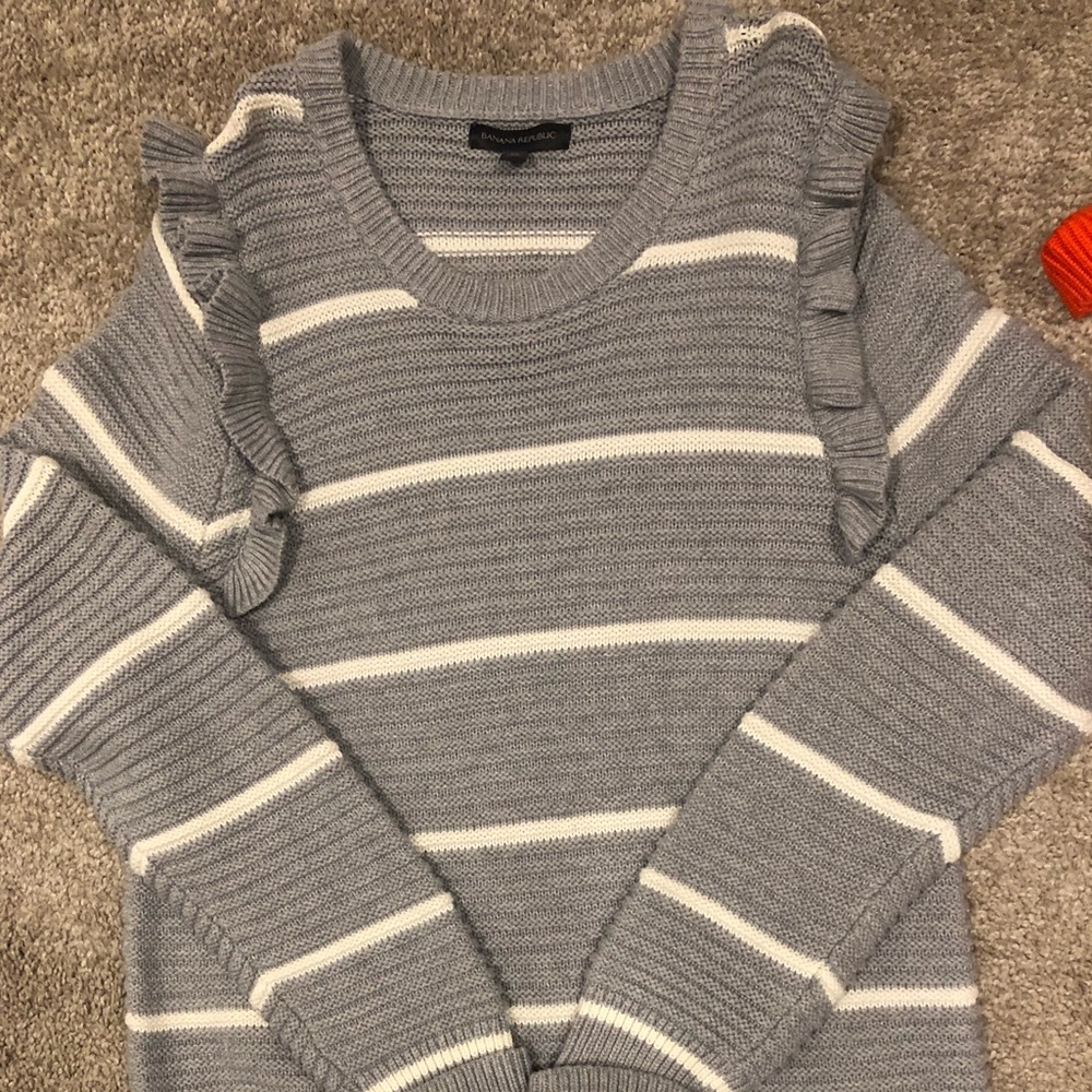 Banana Republic Grey Striped Ruffle Knit Sweater